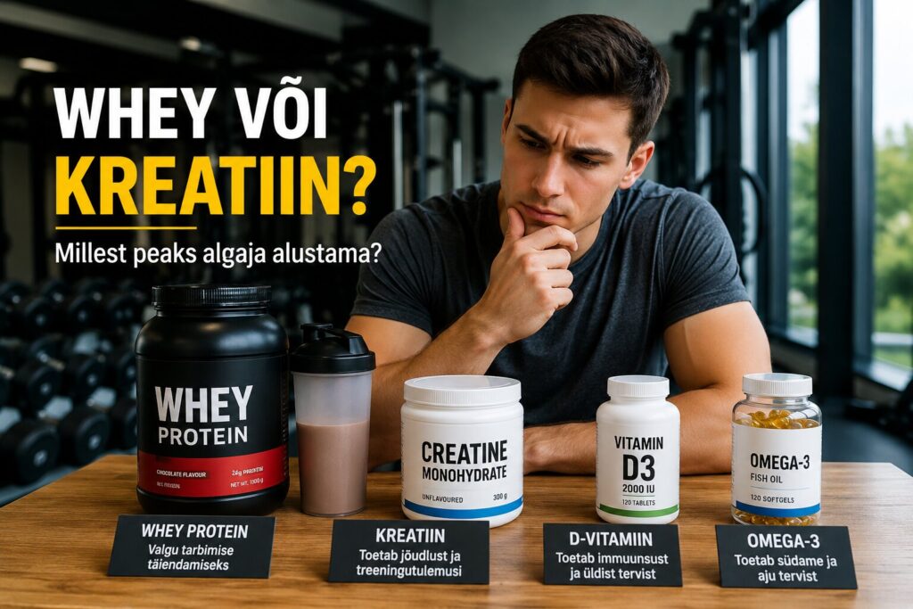 Algaja jõusaalis vaatab erinevaid toidulisandeid, sealhulgas whey proteiini ja kreatiini.